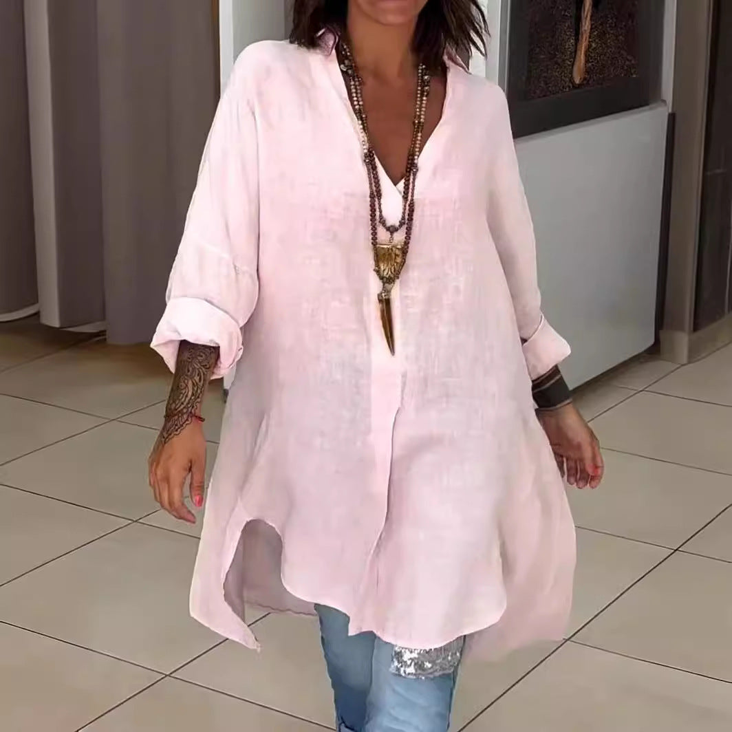 Pamut és lenvászon V-nyakú hosszú lezser ing