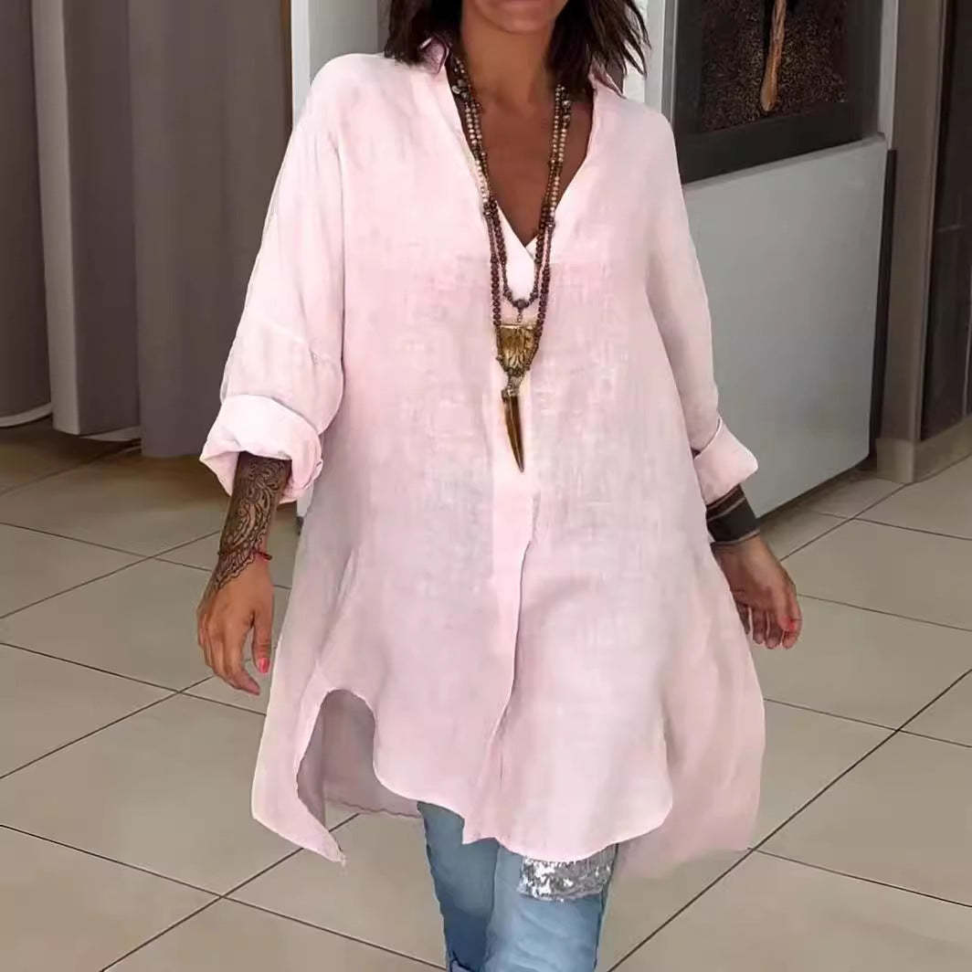 Pamut és lenvászon V-nyakú hosszú lezser ing