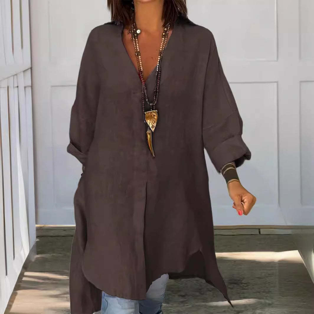 Pamut és lenvászon V-nyakú hosszú lezser ing