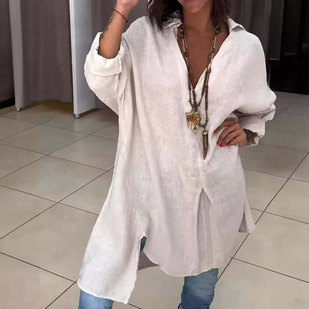 Pamut és lenvászon V-nyakú hosszú lezser ing