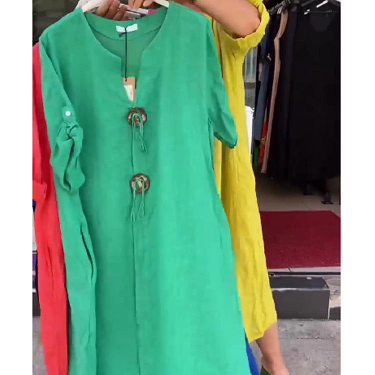 Lezser V-nyakú pamut és lenvászon ruha