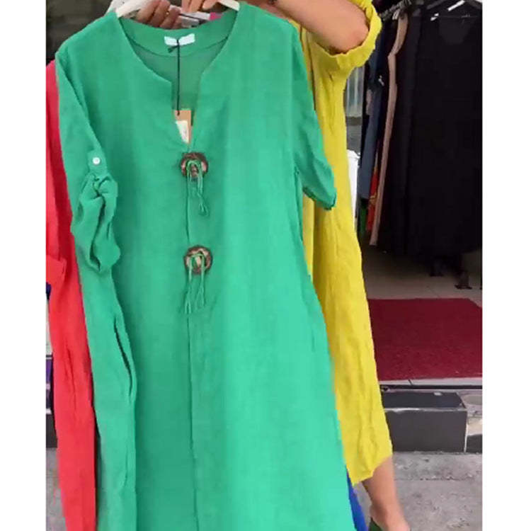 Lezser V-nyakú pamut és lenvászon ruha