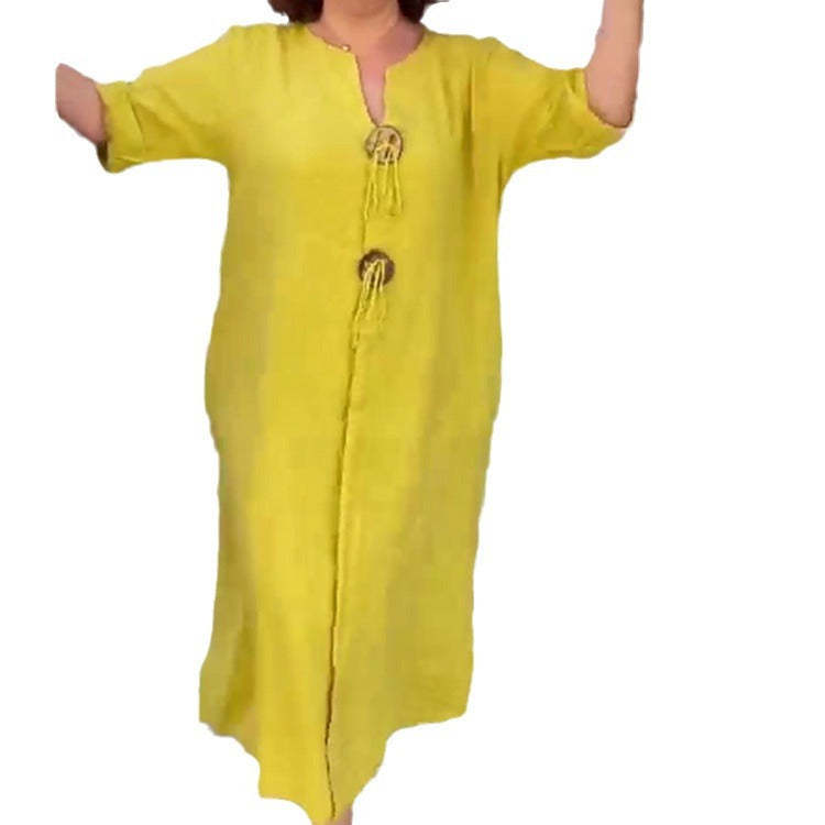 Lezser V-nyakú pamut és lenvászon ruha