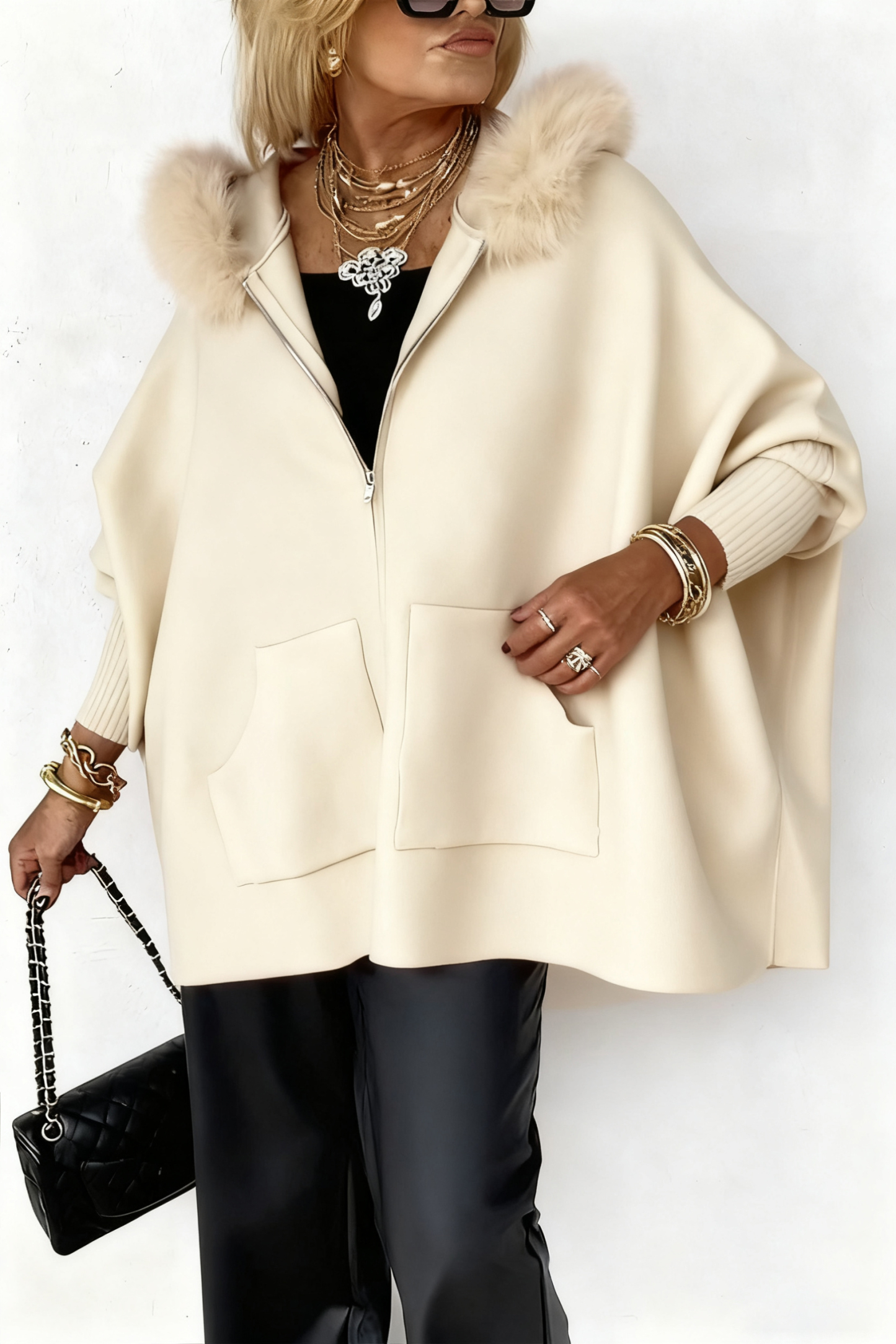 Női szőrmegallér egyszínű alkalmi kabát