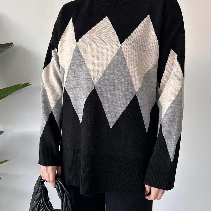 Divatos, színblokkoló rombuszmintás pulóver és nadrág szett