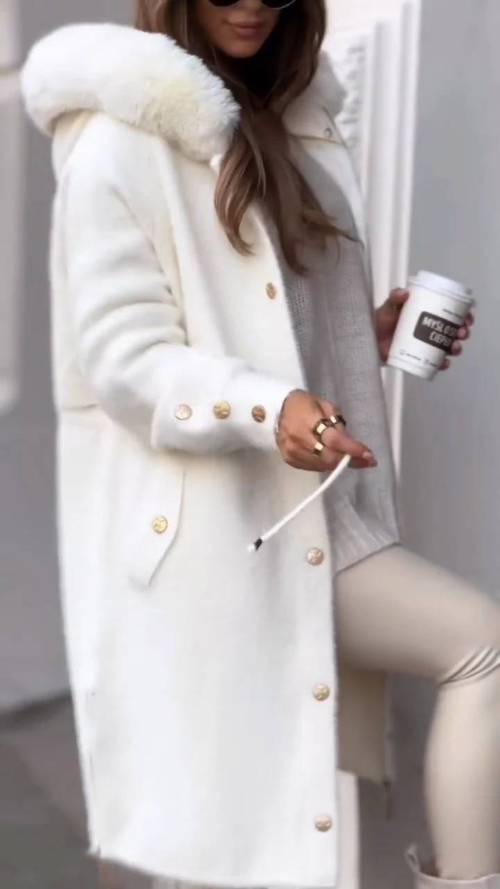 Női téli egyszínű cipzáras kapucnis plüss galléros kabát