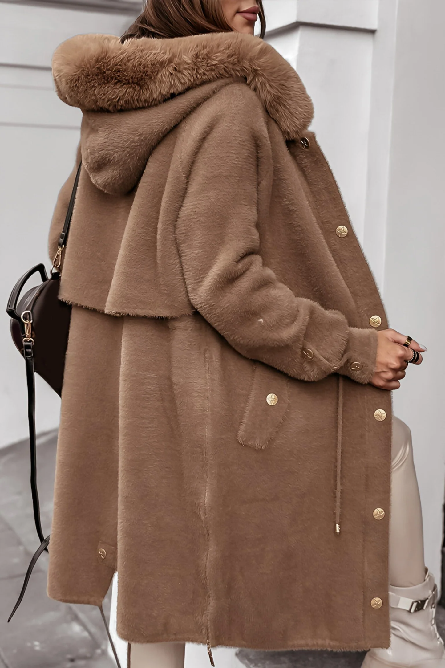 Női téli egyszínű cipzáras kapucnis plüss galléros kabát