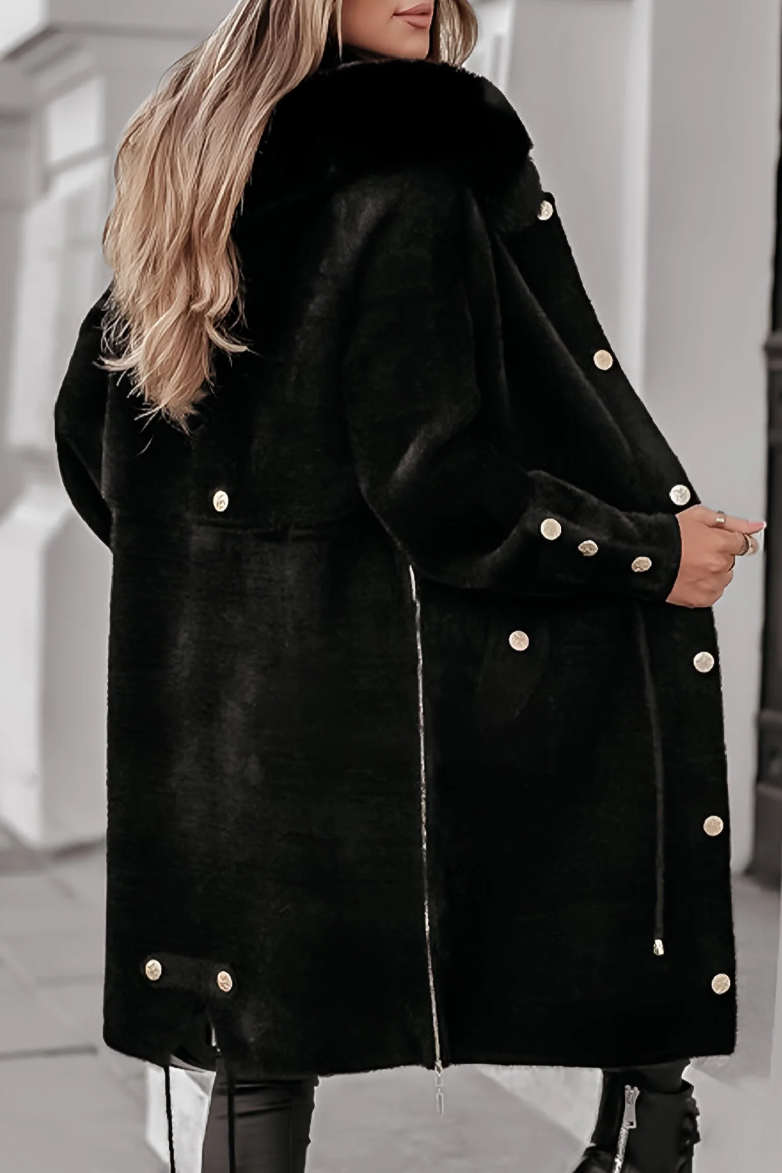 Női téli egyszínű cipzáras kapucnis plüss galléros kabát