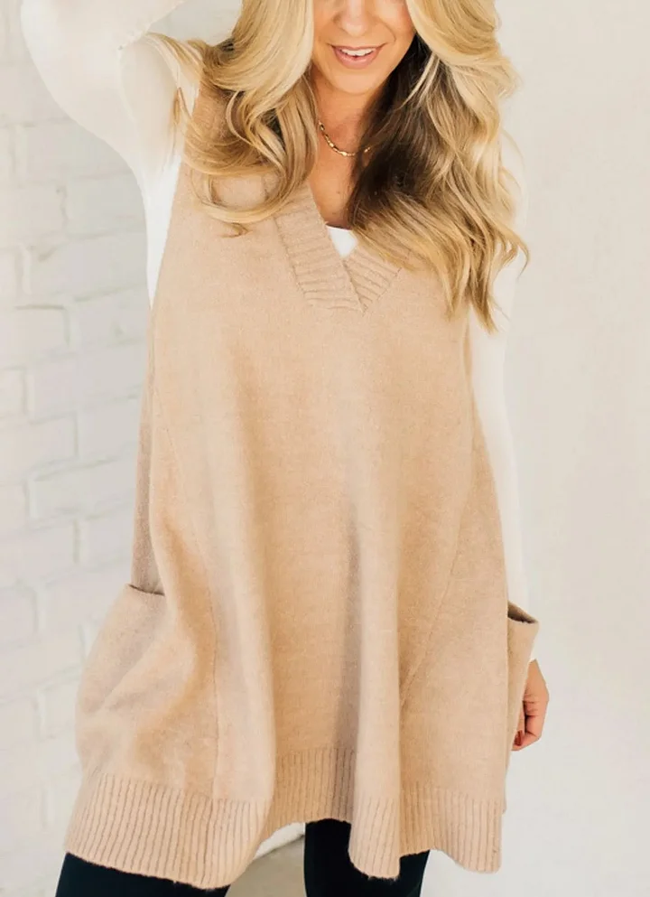 Női kényelmes zsebes V-nyakú ujjatlan pulóvermellény