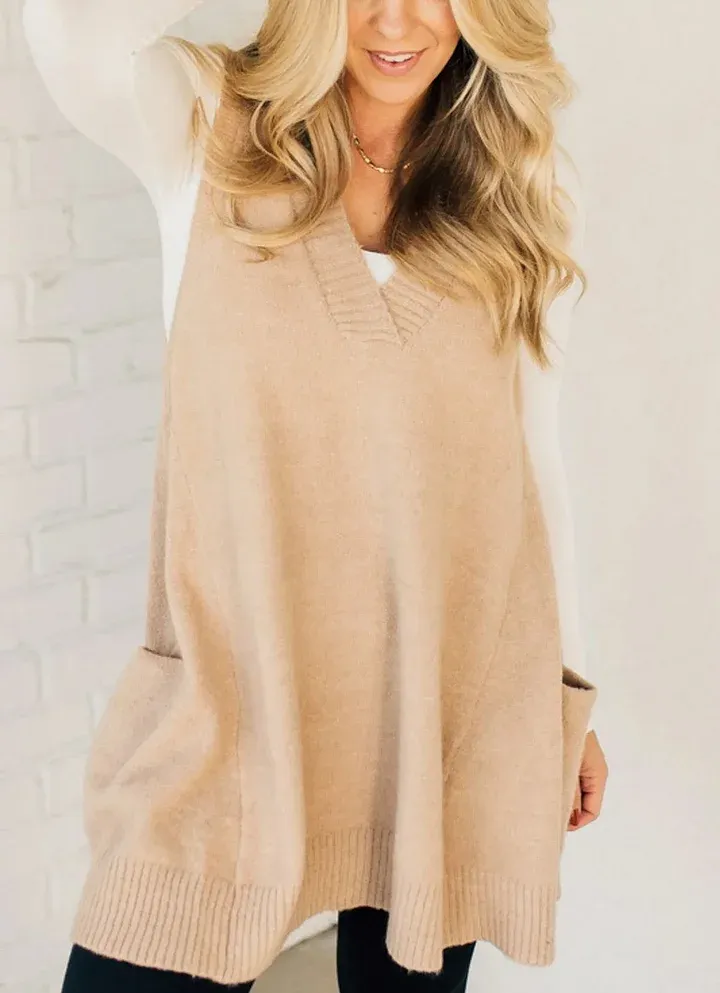 Női kényelmes zsebes V-nyakú ujjatlan pulóvermellény