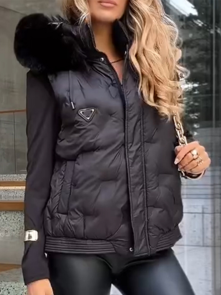 Női ujjatlan bársony kapucnis kabát szőrmegallérral