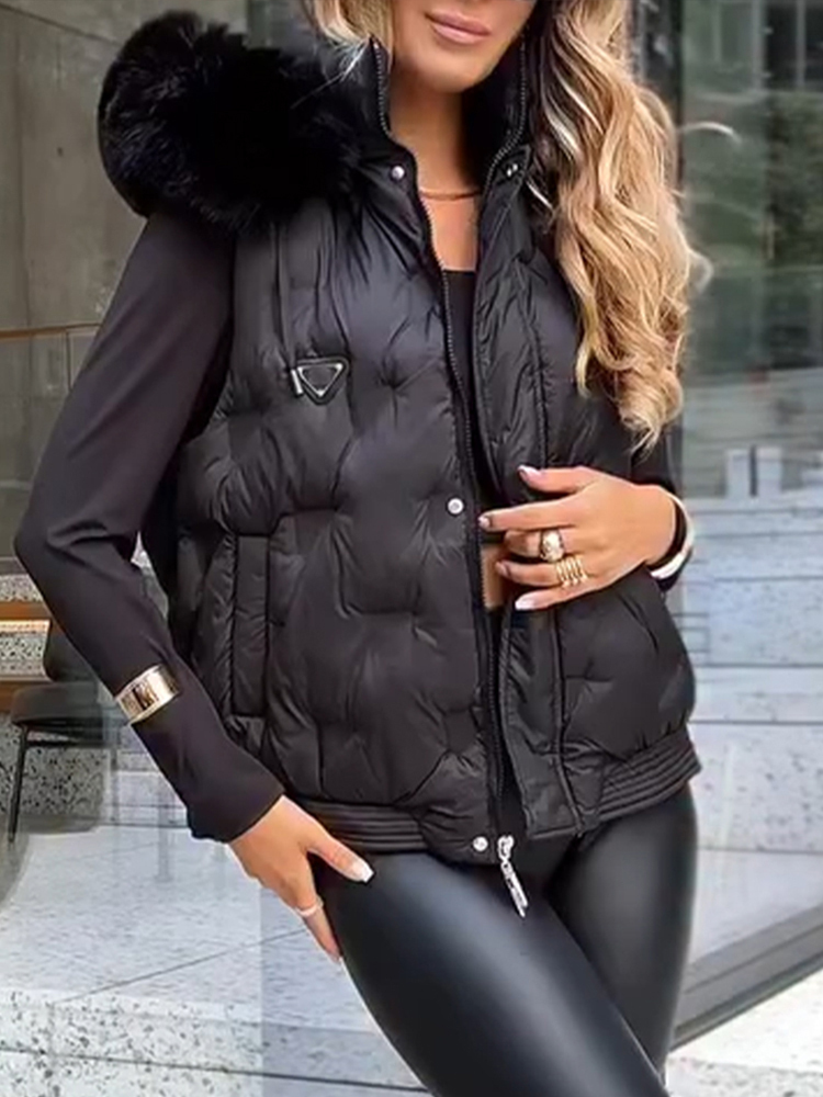 Női ujjatlan bársony kapucnis kabát szőrmegallérral