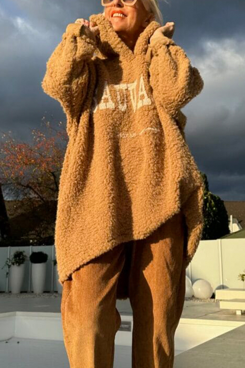 Női kerek nyakú, kapucnis, nyomtatott betűs, hétköznapi gyapjú felső