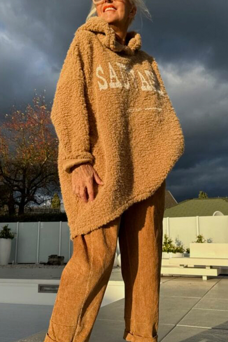 Női kerek nyakú, kapucnis, nyomtatott betűs, hétköznapi gyapjú felső