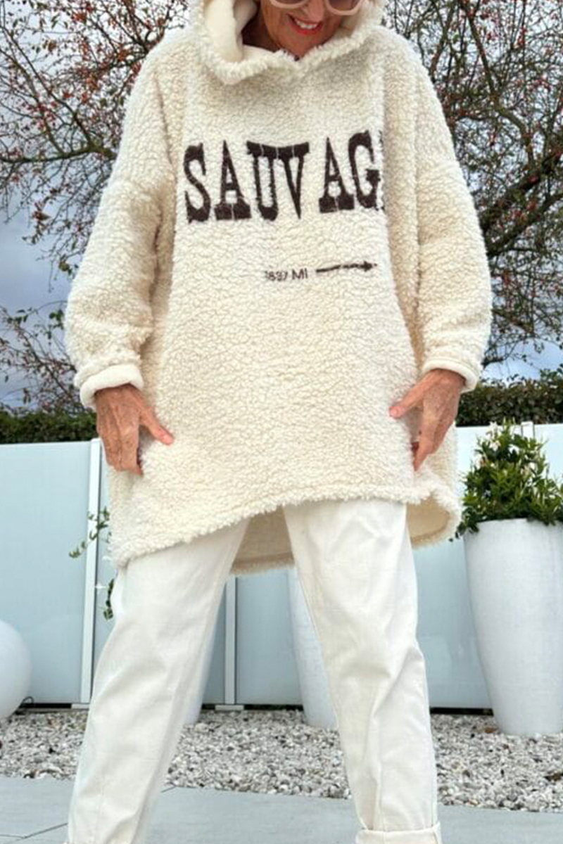 Női kerek nyakú, kapucnis, nyomtatott betűs, hétköznapi gyapjú felső