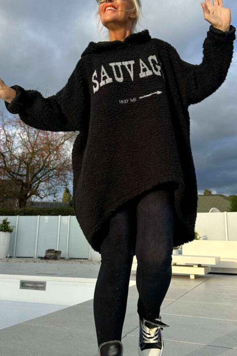 Női kerek nyakú, kapucnis, nyomtatott betűs, hétköznapi gyapjú felső