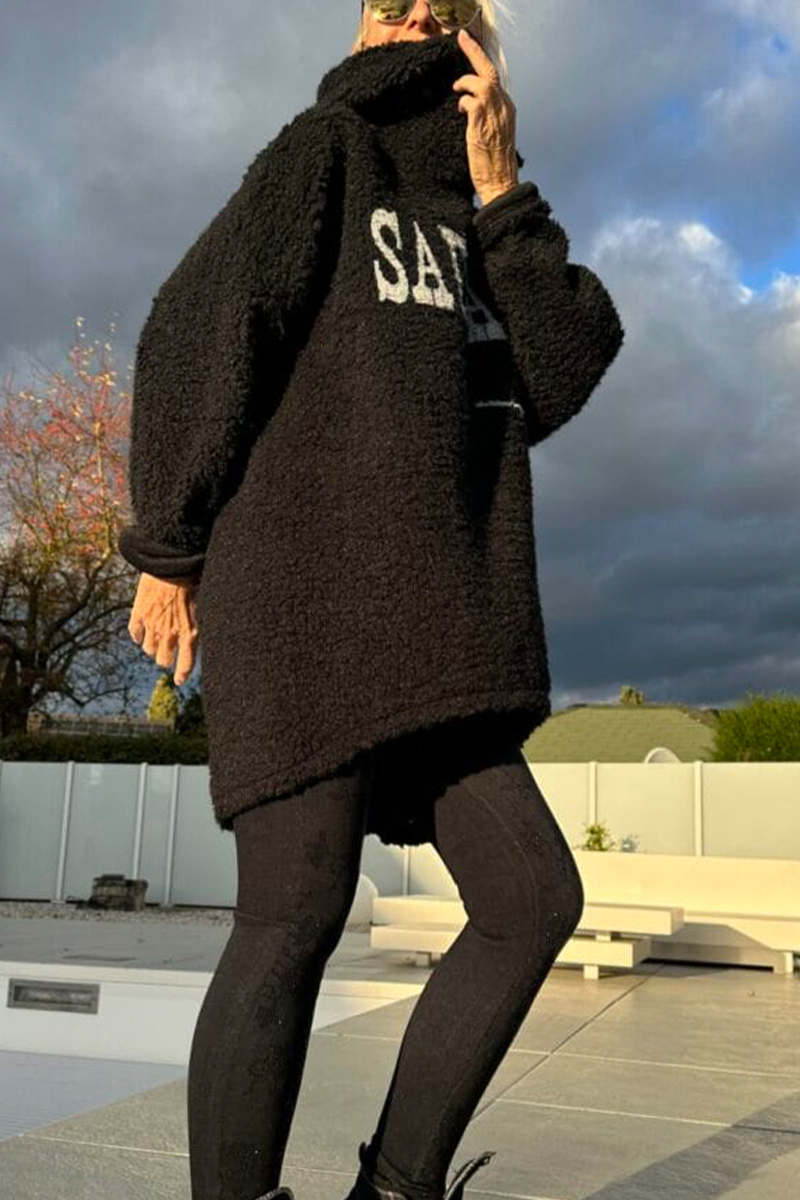 Női kerek nyakú, kapucnis, nyomtatott betűs, hétköznapi gyapjú felső