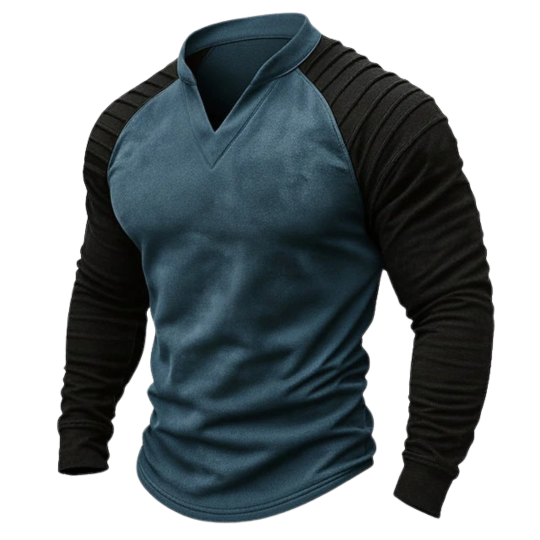 Férfi cipzáras, állványos galléros, V-nyakú pulóver