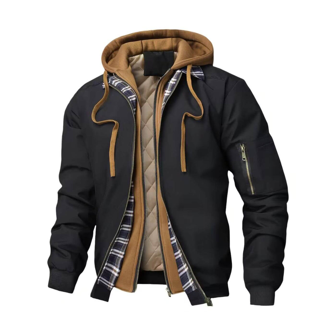 Férfi kapucnis, húzózsinóros, kétrészes kabát