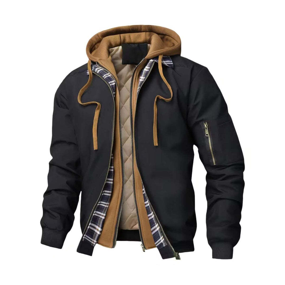 Férfi kapucnis, húzózsinóros, kétrészes kabát