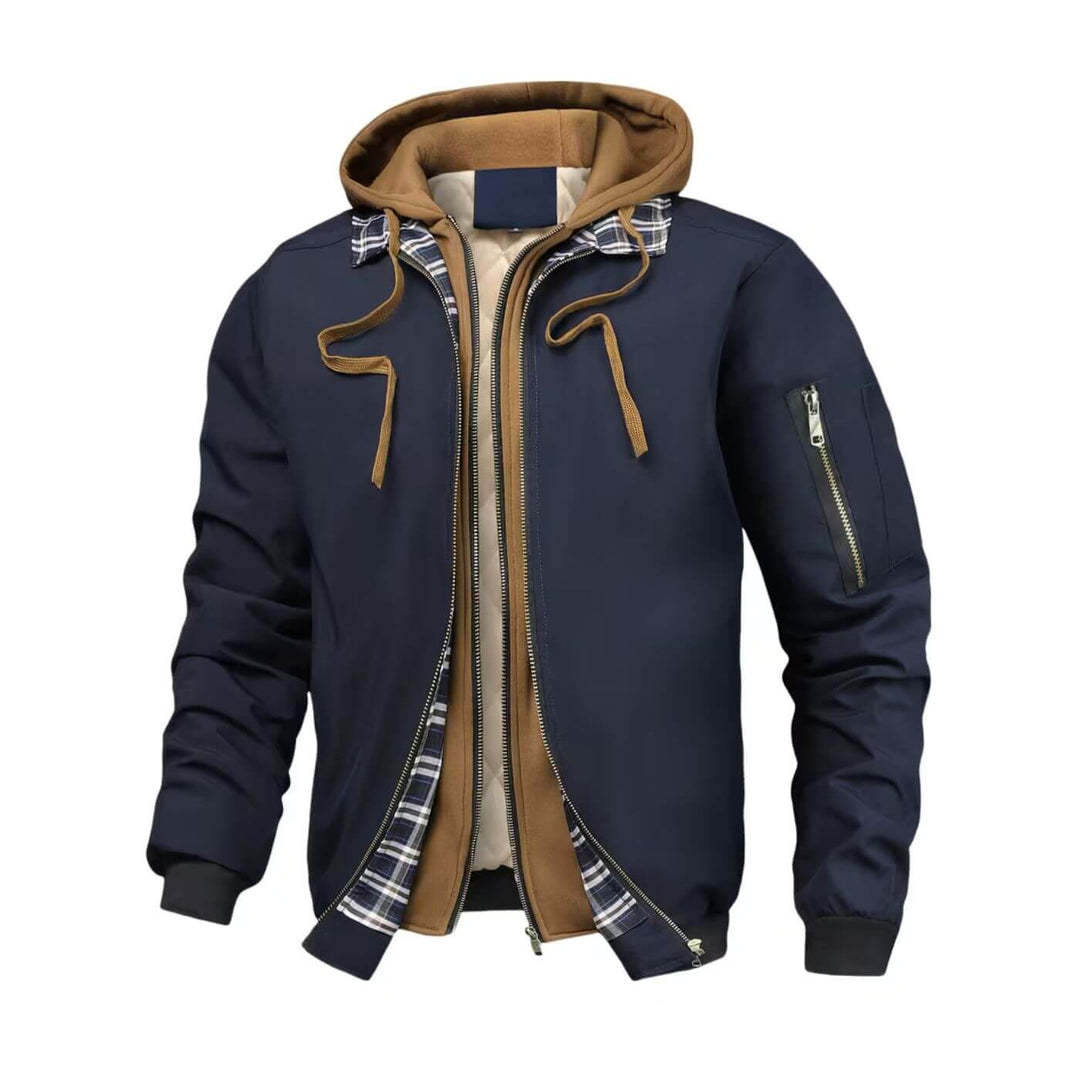 Férfi kapucnis, húzózsinóros, kétrészes kabát