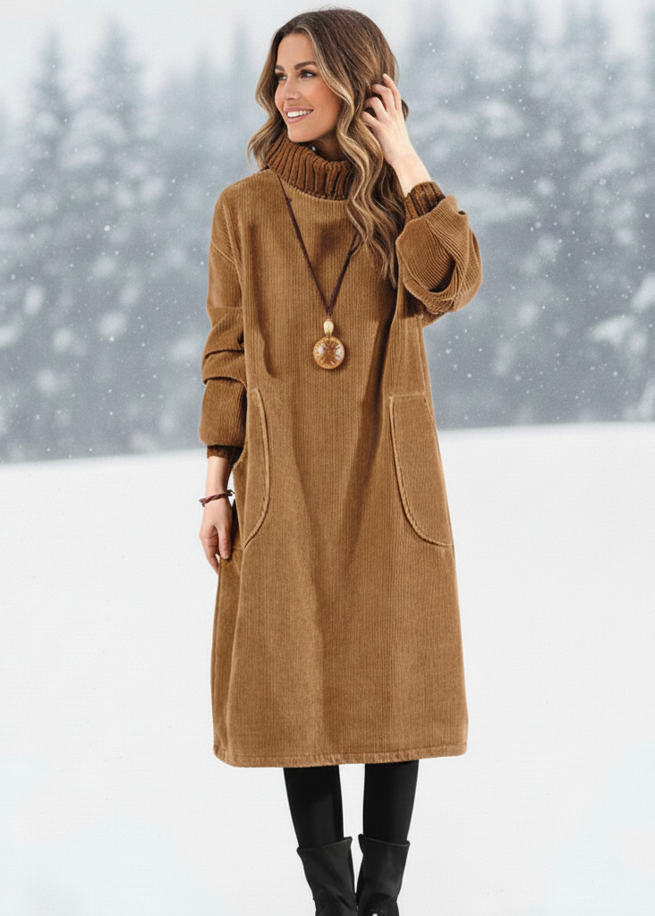 Női, magas nyakú, hosszú, divatos és meleg ruha