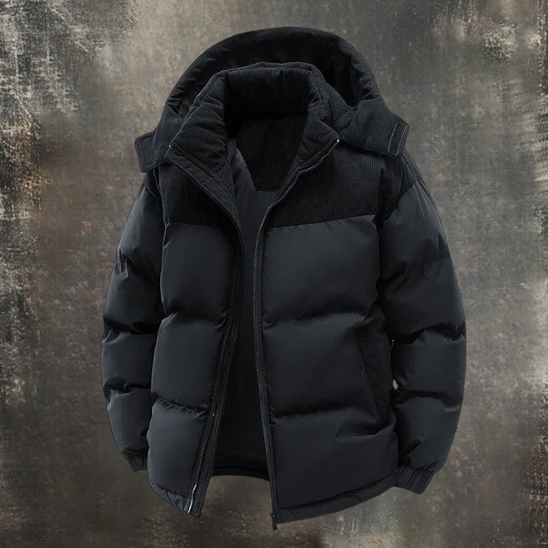 Férfi steppelt, meleg, kapucnis kabát