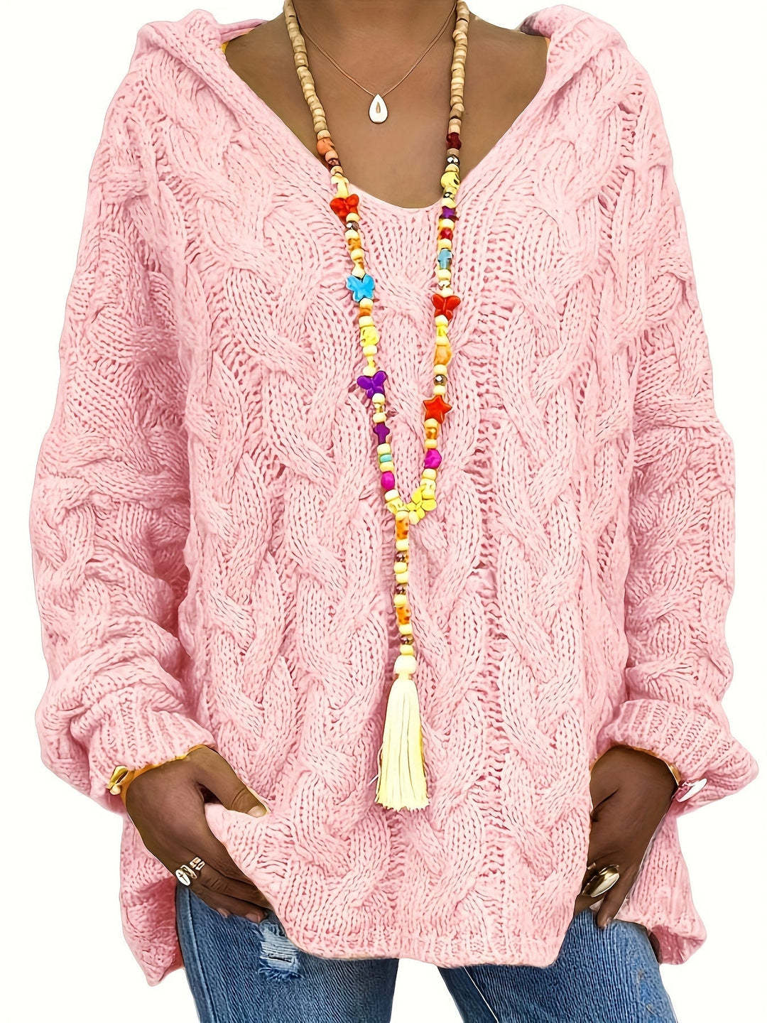 Női kábelkötött kapucnis pulóver