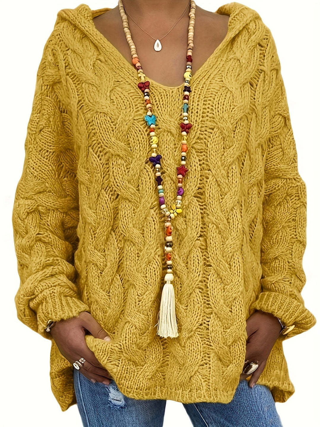 Női kábelkötött kapucnis pulóver