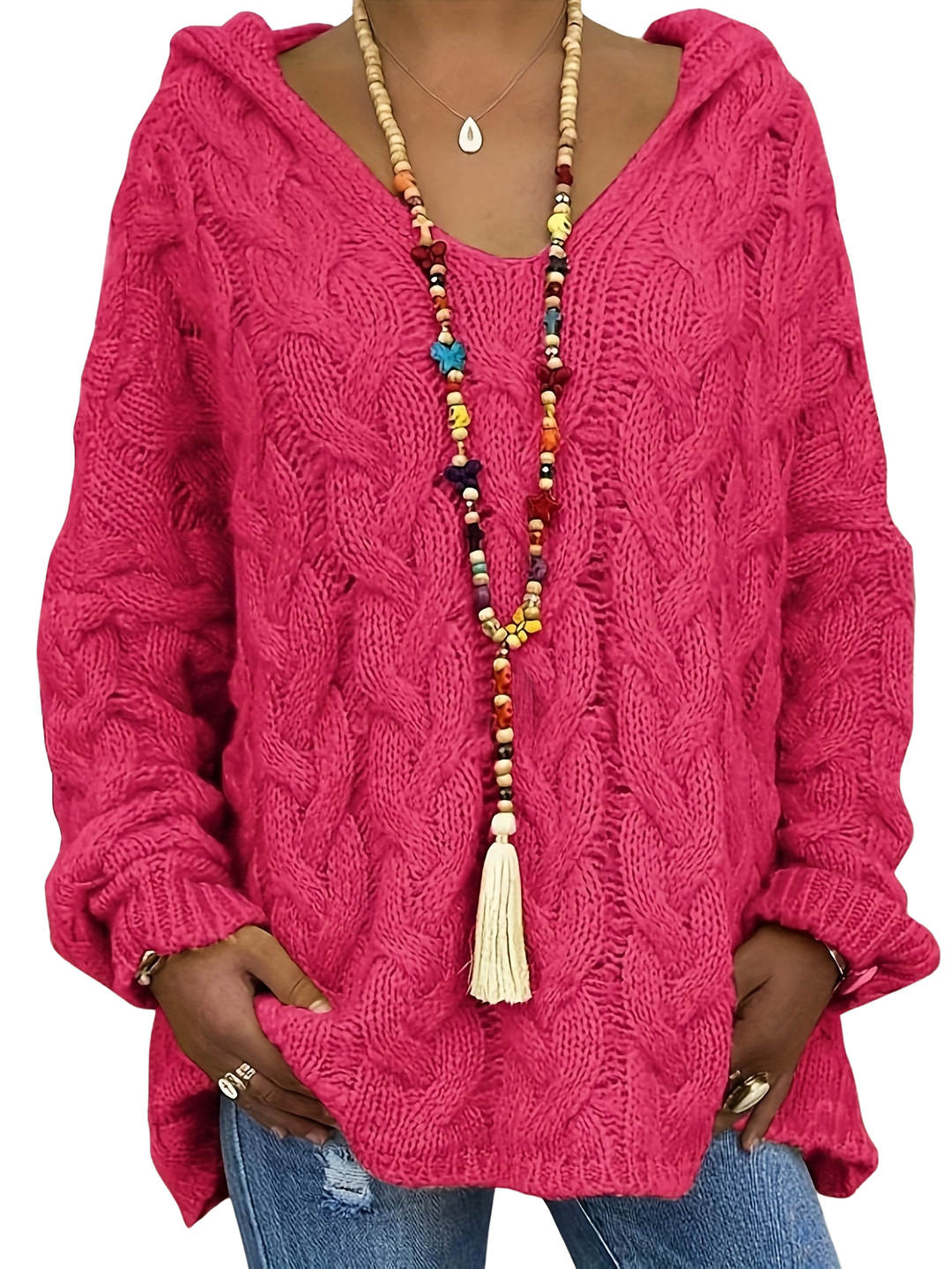 Női kábelkötött kapucnis pulóver