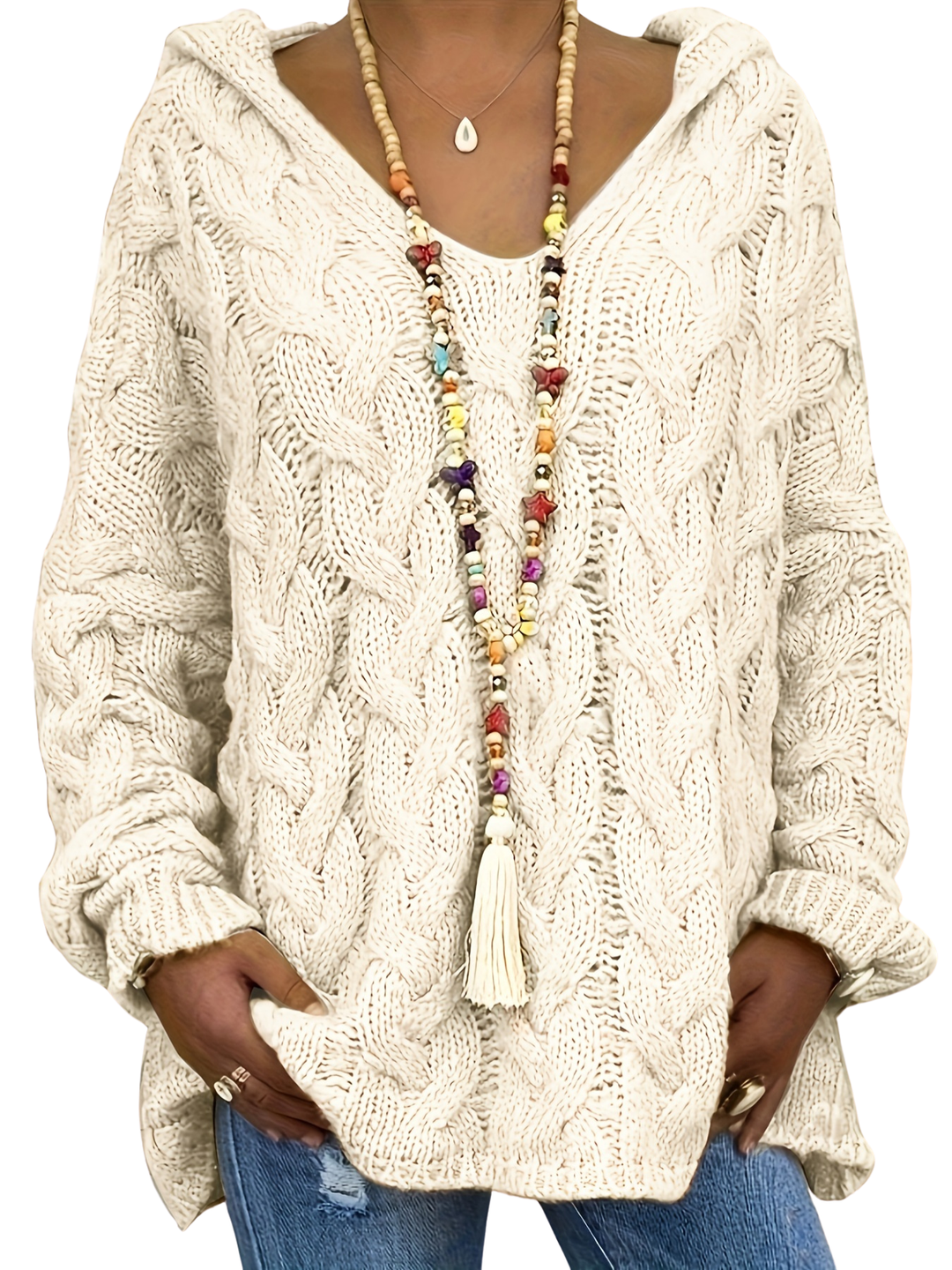 Női kábelkötött kapucnis pulóver