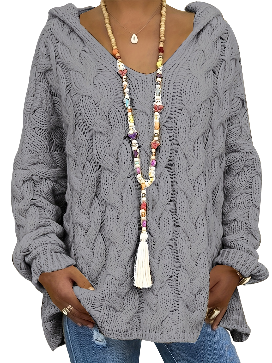 Női kábelkötött kapucnis pulóver