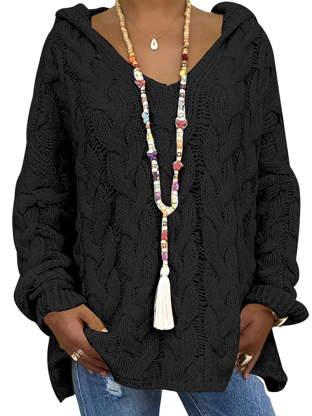 Női kábelkötött kapucnis pulóver