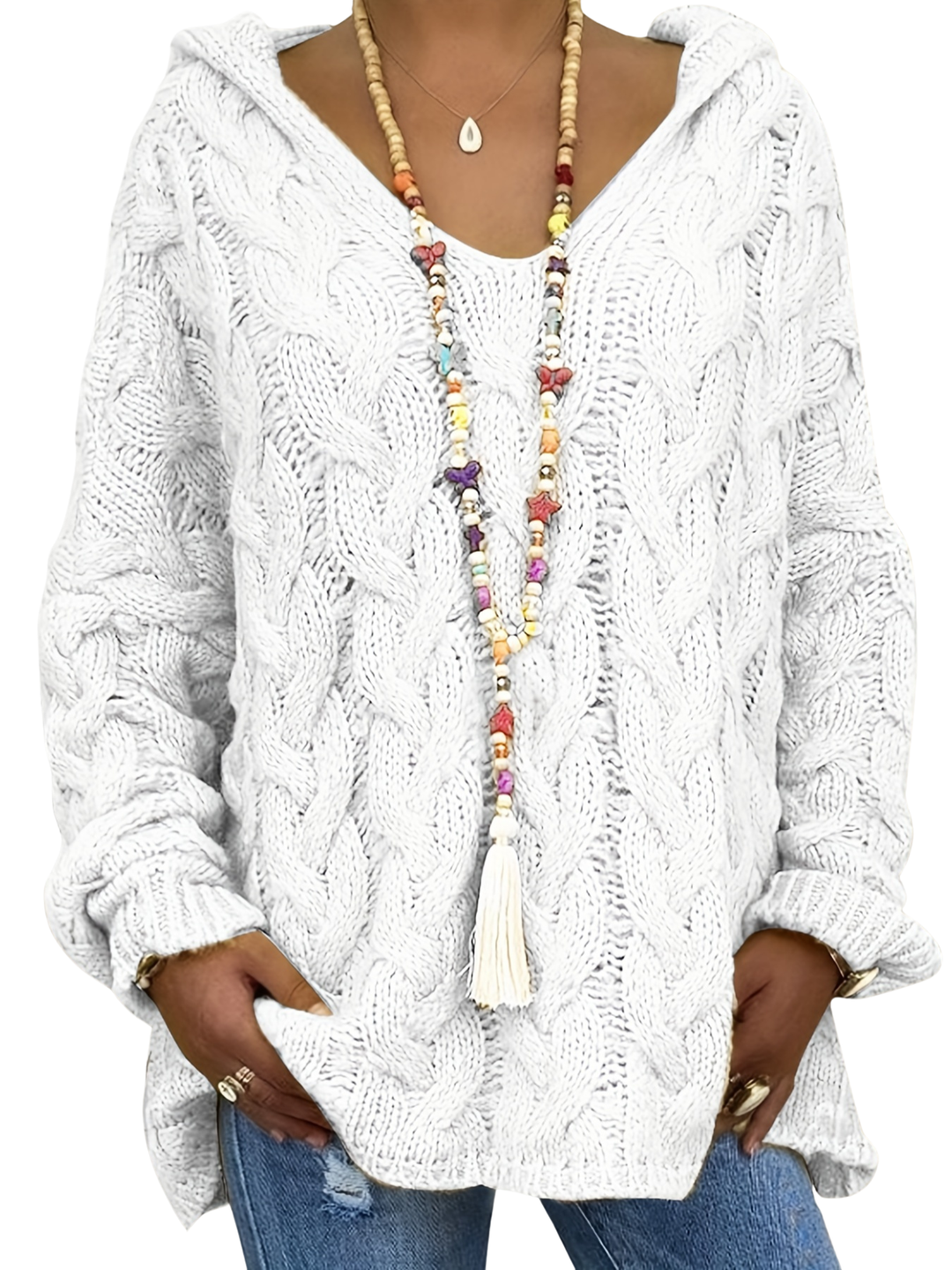 Női kábelkötött kapucnis pulóver