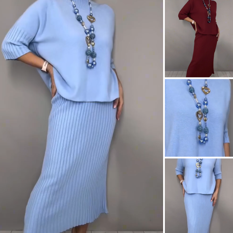 Elegáns, kétrészes szett, amely egy kötött pulóverből és egy midi szoknyából áll