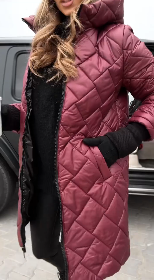 Női divatos steppelt kapucnis hosszú kabát