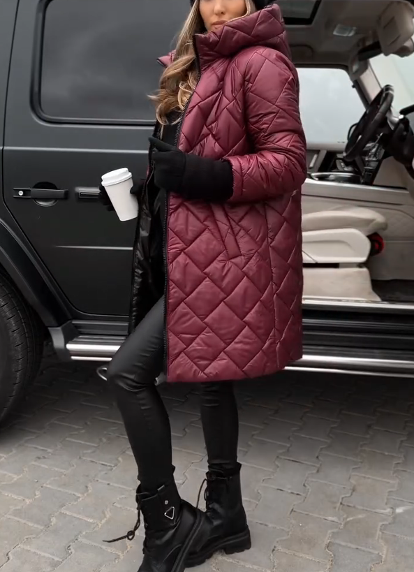 Női divatos steppelt kapucnis hosszú kabát