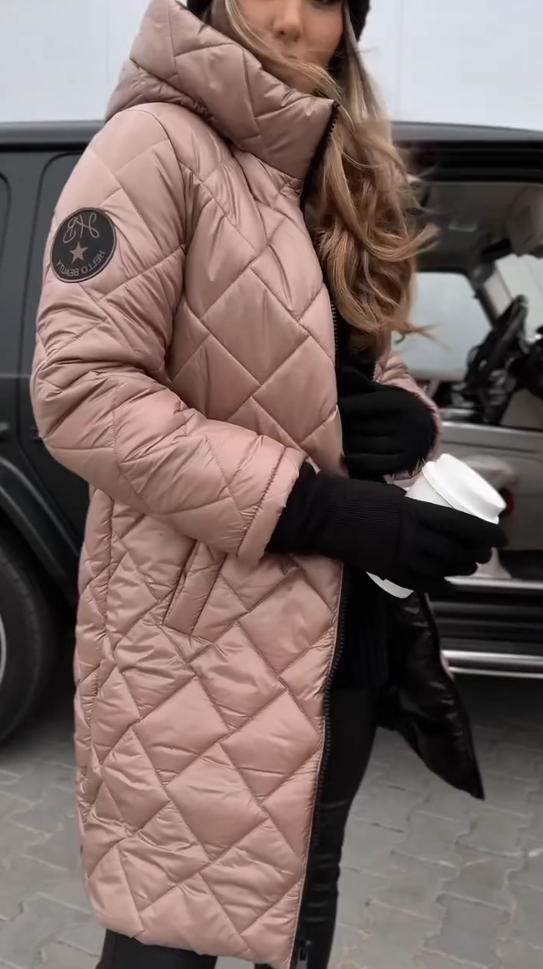 Női divatos steppelt kapucnis hosszú kabát