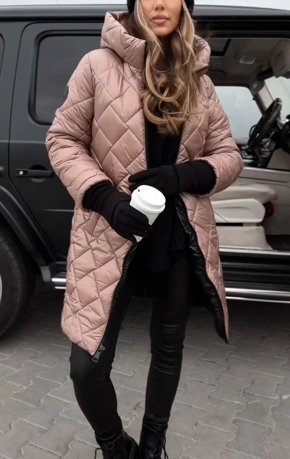 Női divatos steppelt kapucnis hosszú kabát