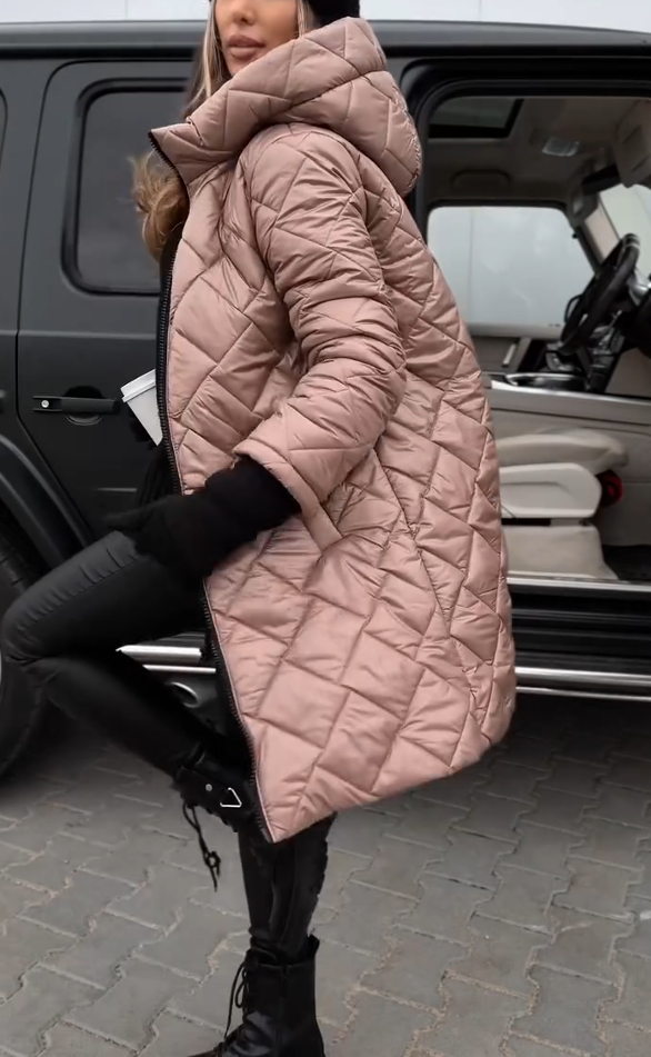 Női divatos steppelt kapucnis hosszú kabát