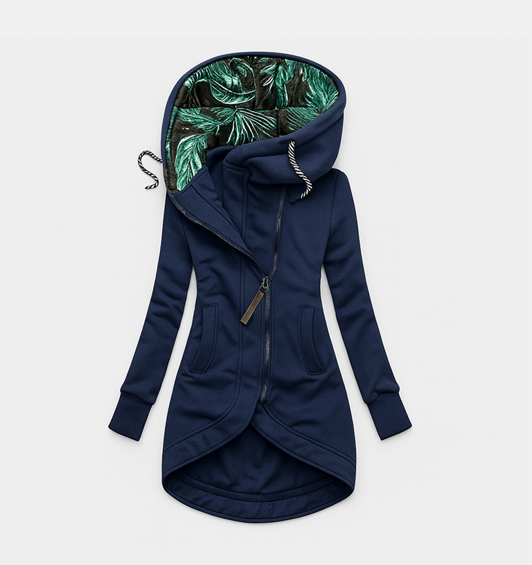 Női egyszínű, kapucnis, mintás kabát