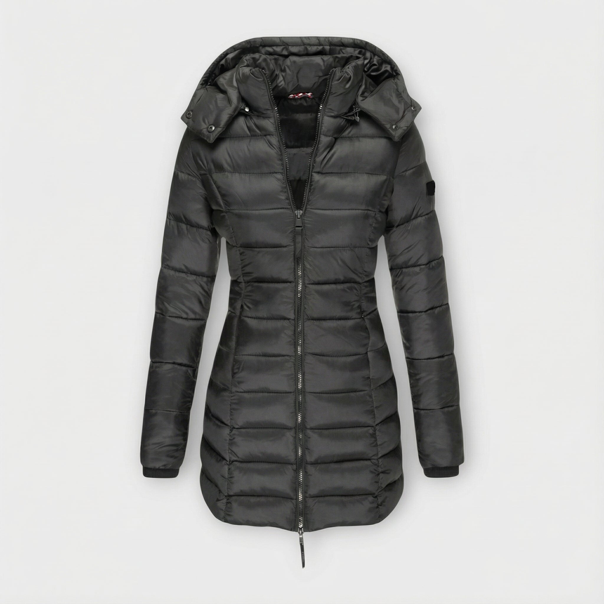 Női testhezálló, kapucnis, középhosszú kabát