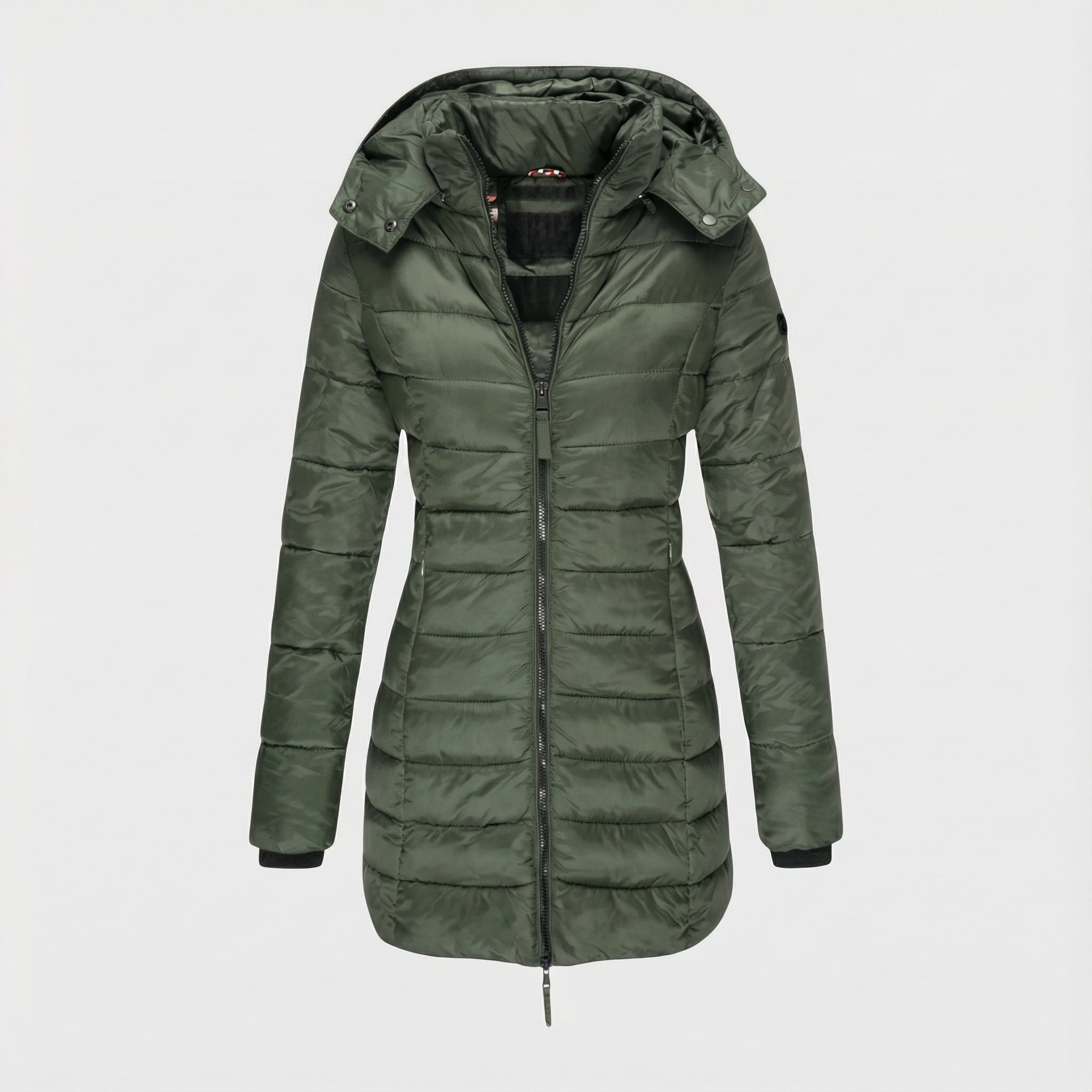 Női testhezálló, kapucnis, középhosszú kabát