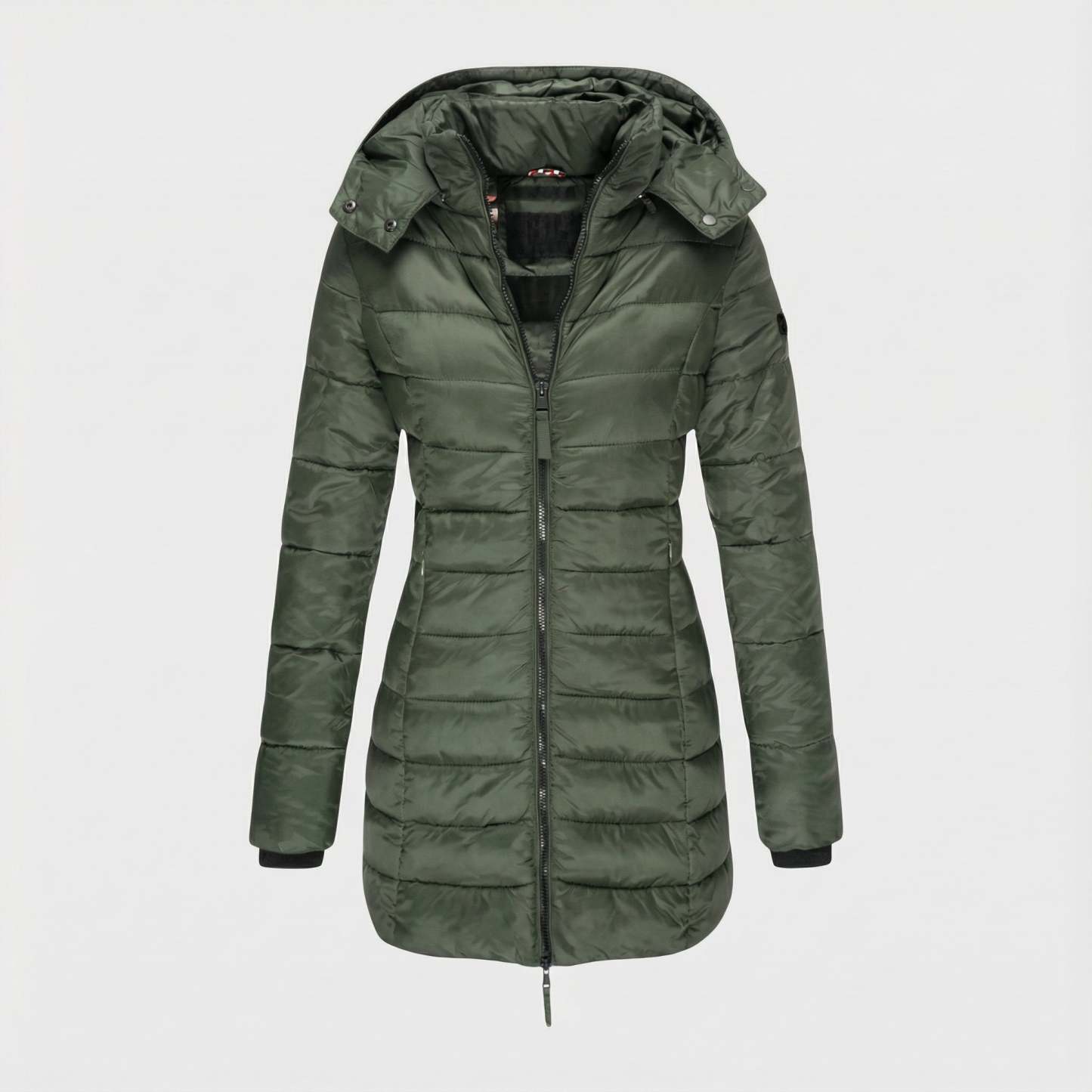 Női testhezálló, kapucnis, középhosszú kabát