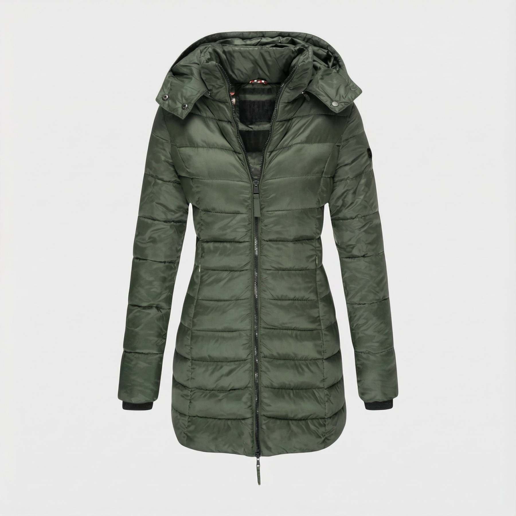 Női testhezálló, kapucnis, középhosszú kabát