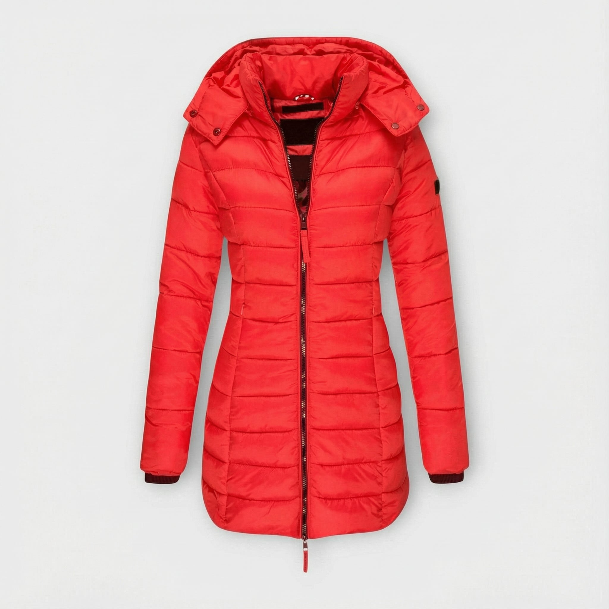 Női testhezálló, kapucnis, középhosszú kabát