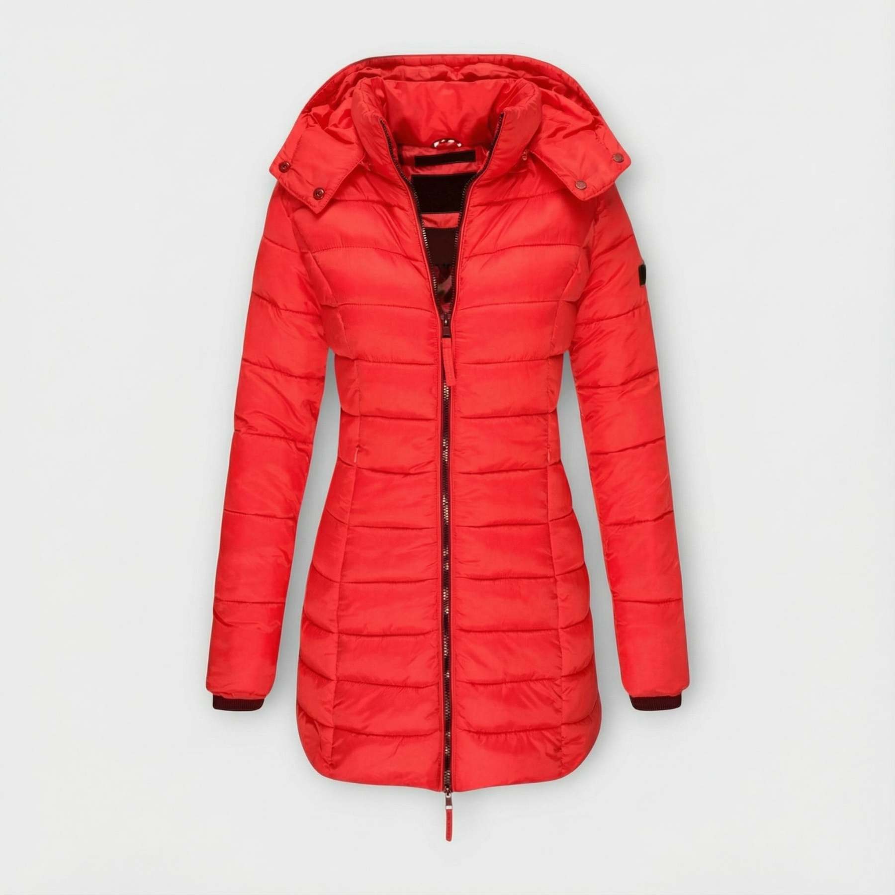 Női testhezálló, kapucnis, középhosszú kabát