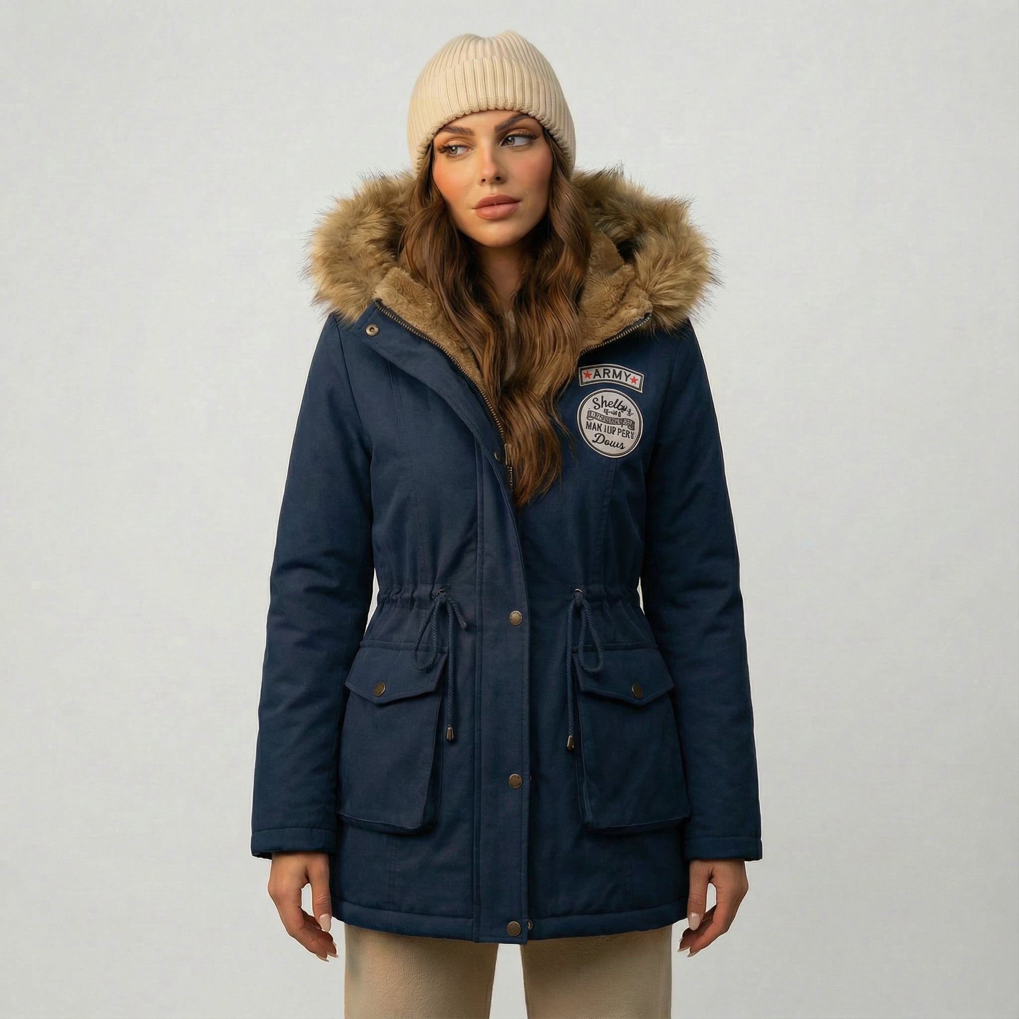 Női kapucnis polárkabát szőrmegallérral