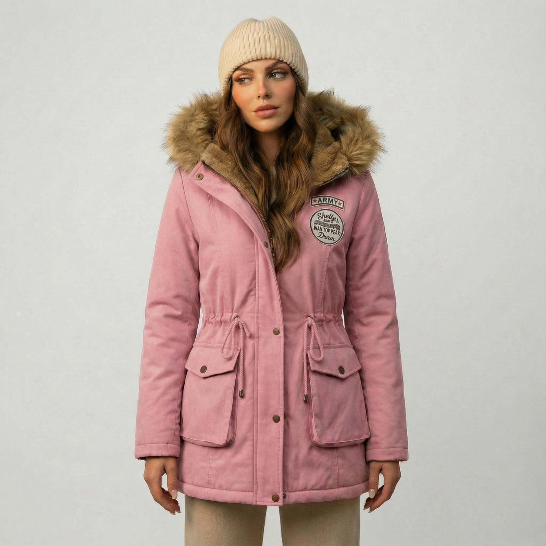 Női kapucnis polárkabát szőrmegallérral