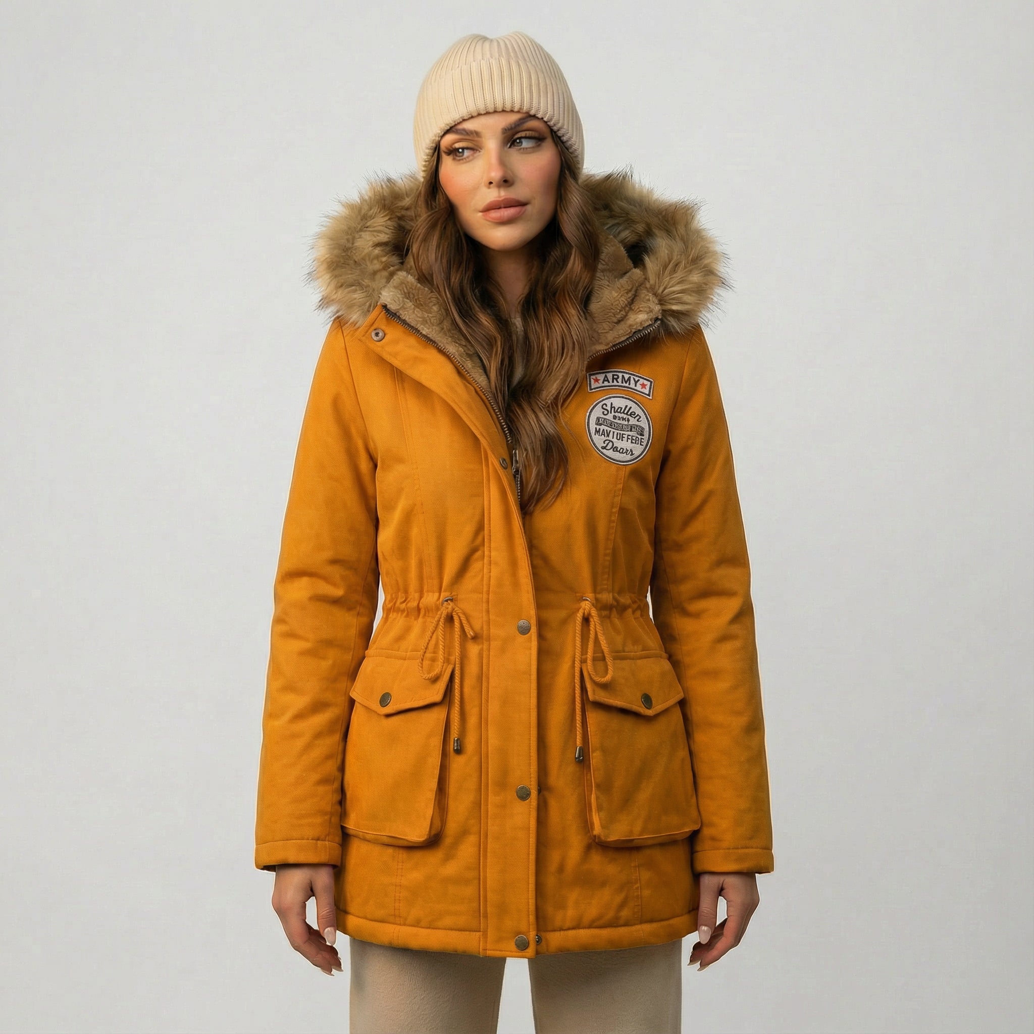 Női kapucnis polárkabát szőrmegallérral